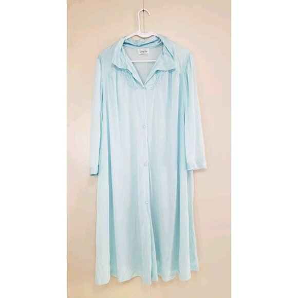 Vtg Vanity Fair Women XL House Coat Robe Lightweight Blue Floral Embroidery - Picture 1 of 5